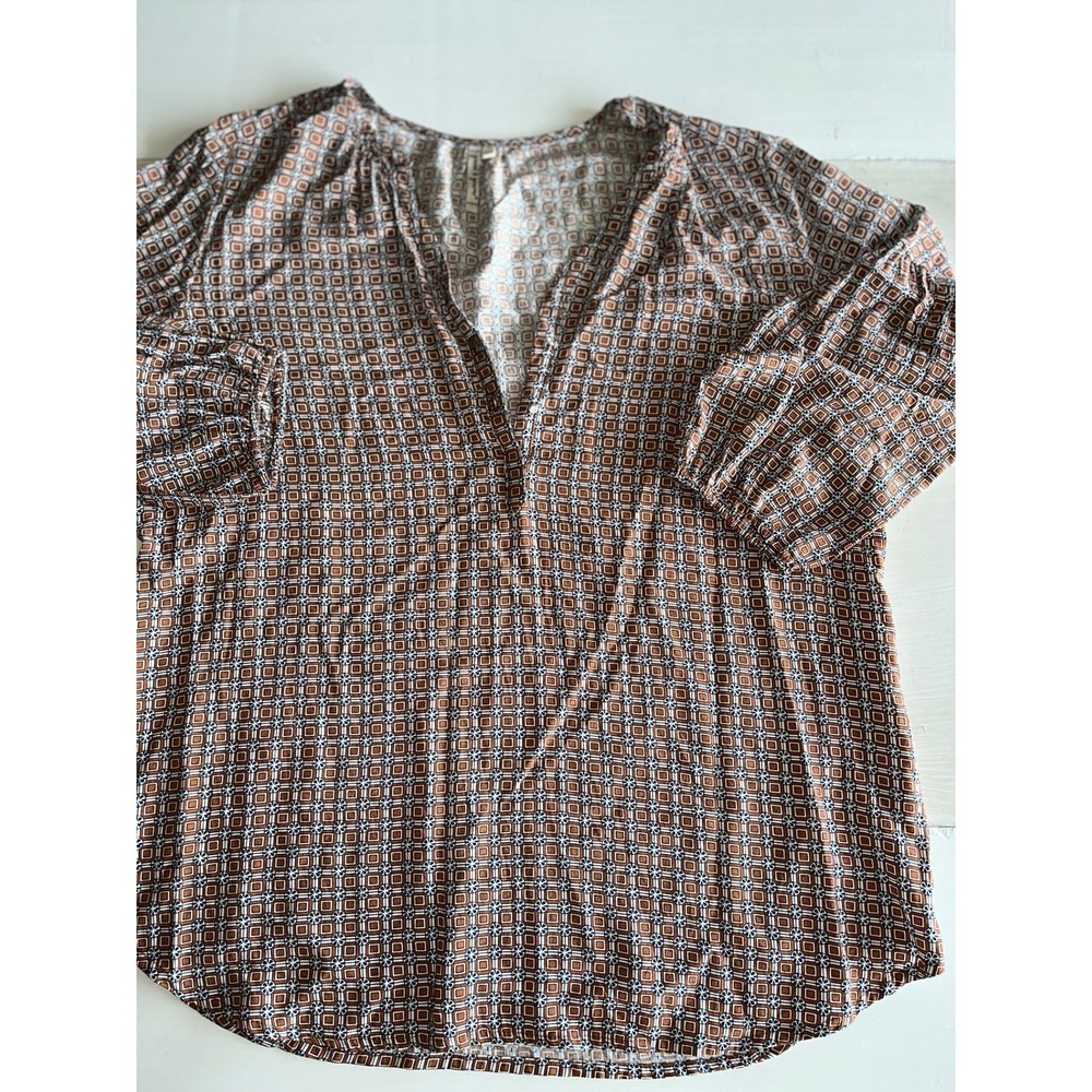 Girard & Greene Womens Brown Geometric Print Split Neck 3/4 Sleeve Blouse Medium